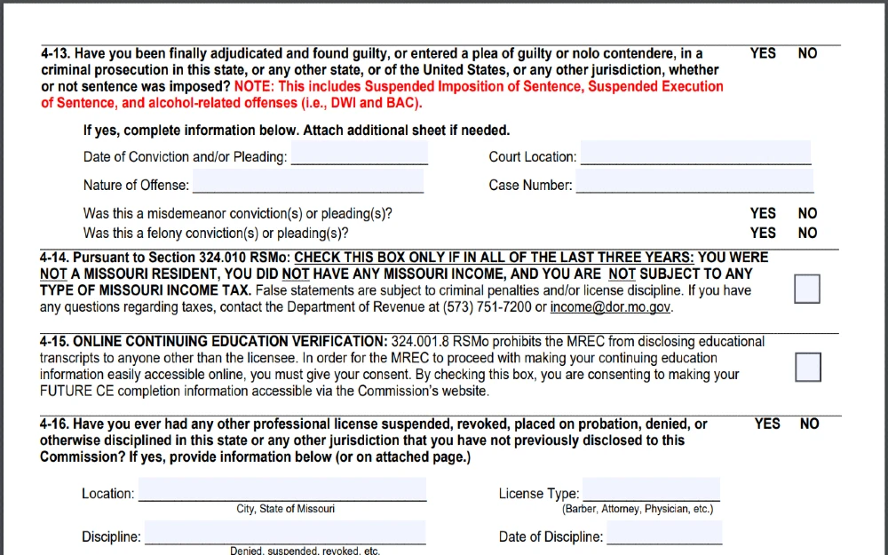 Screenshot of Missouri Division of Professional Registration website for Real Estate Commission showing a PDF copy of the criminal background check portion of the Application for Real Estate License form.