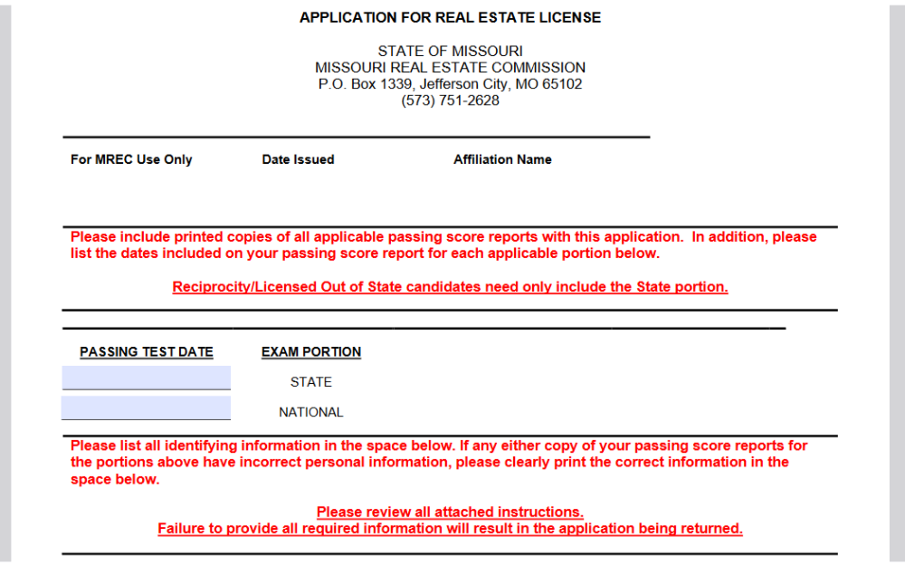 An application form for a real estate license in Missouri, with sections for test dates, exam portions, and identification information.