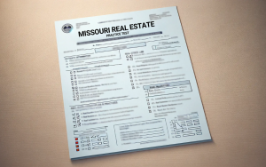 A piece of paper showing a practice test for the Missouri real estate licensure exam against a light brown background.